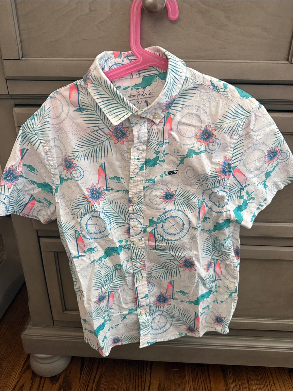 Vineyard Vines Boy’s Small Tropical Print Shirt - White/Green